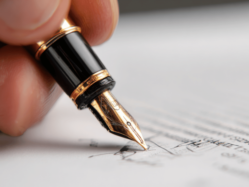 יד חותמת בעט נובע על מסמך – מסמלת חתימה על צוואה הדדית והתחייבות משפטית בין בני זוג.